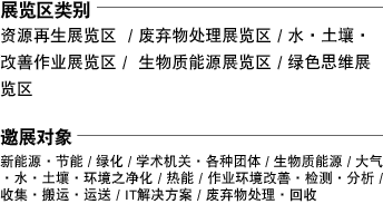 展览区类别‭ ‬─────────── 资源再生展览区‭  / ‬废弃物处理展览区 / 水・土壤・改善作业展览区‭ / ‬  生物质能源展览区‭ / ‬绿色思维展览区  邀展对象───────────── 新能源・节能‭ / ‬绿化‭ / ‬学术机关・各种团体‭ / ‬生物质能源‭ ‬‭/‬‭ ‬大气・水・土壤・环境之净化‭ / ‬热能‭ / ‬作业环境改善・检测・分析‭ ‬‭/‬‭ ‬收集・搬运・运送‭ /‬ ‭ ‬IT解决方案‭ ‬‭/ ‬废弃物处理・回收 